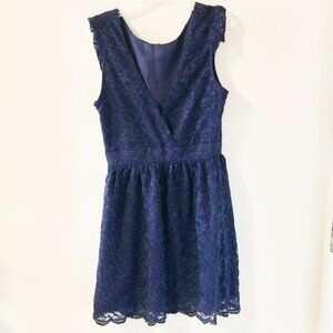 Dark Blue Lace V-Neck Flared Dress